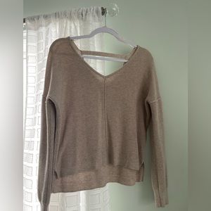 Tan Cropped V-neck Sweater
